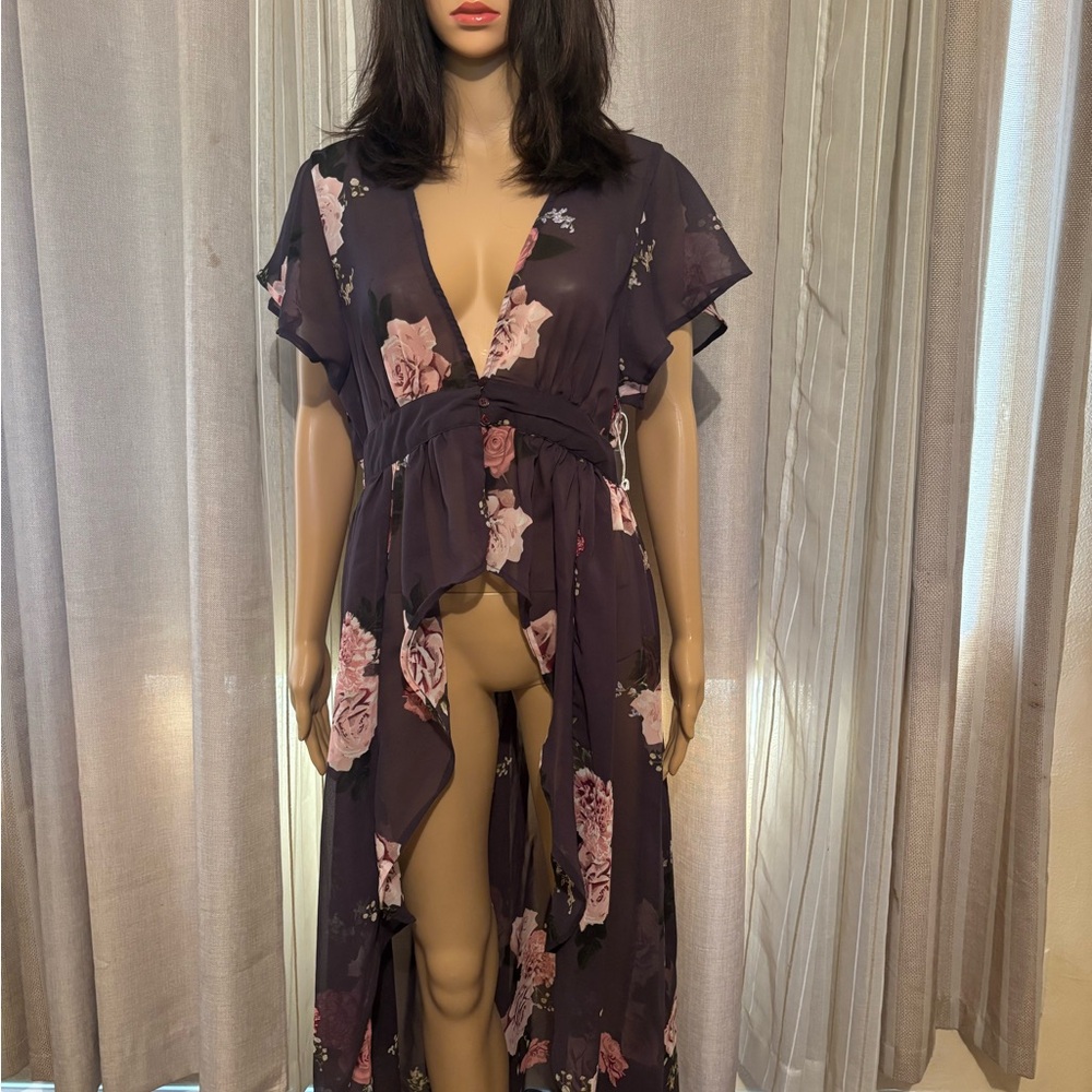 Floral Maxi Sheer Overlay with Deep V-Neck